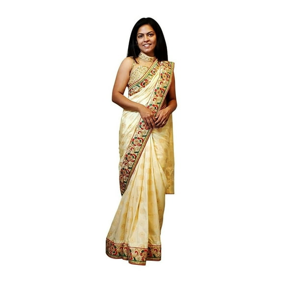 Cream colored brocade soft saree with embroidered border Size: S, Color: Creme