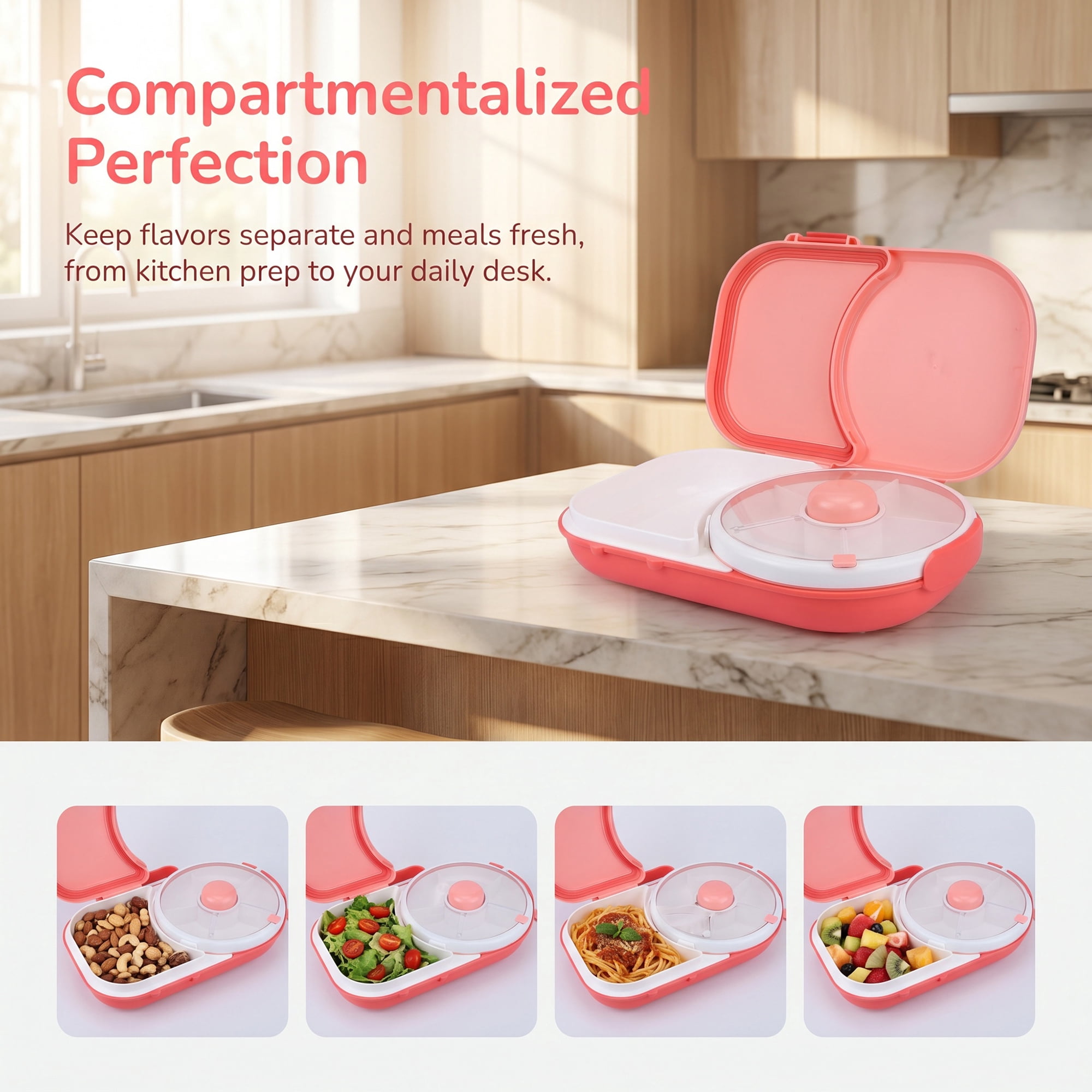 Unique Bargains Rotatable Divider Carry Strap Lunch Bento Box for Work Pink