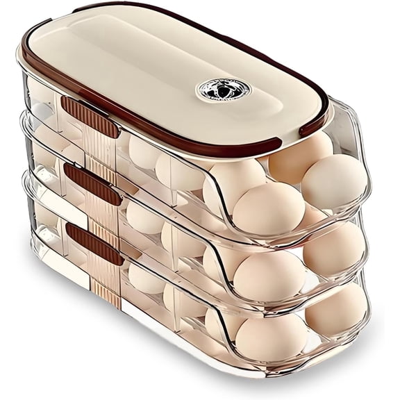 Clear 3-Tier Egg Organizer for Fridge, 42 Capacity Auto Rolling Dispenser with Lid & Handle