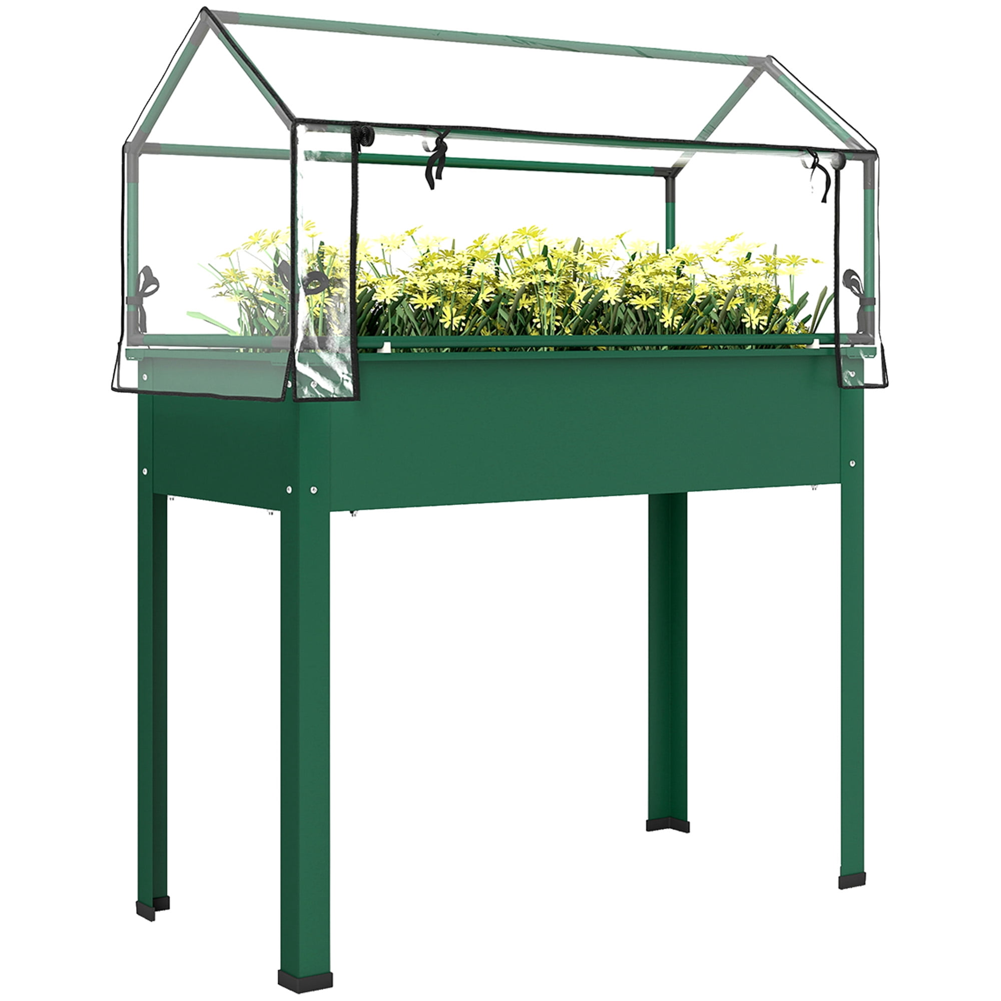 Outsunny Raised Garden Bed with Greenhouse Cover, Elevated Garden Box with Legs and Drainage Hole for Vegetables, Green