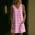 thumbnail image 4 of Women's Gingham Plaid Sleeveless Tunic Dress V Neck Loose Shift Mini Dress with Pockets Comfy Lounge Outfits Summer Beach Sundress Hot Pink, 4 of 7