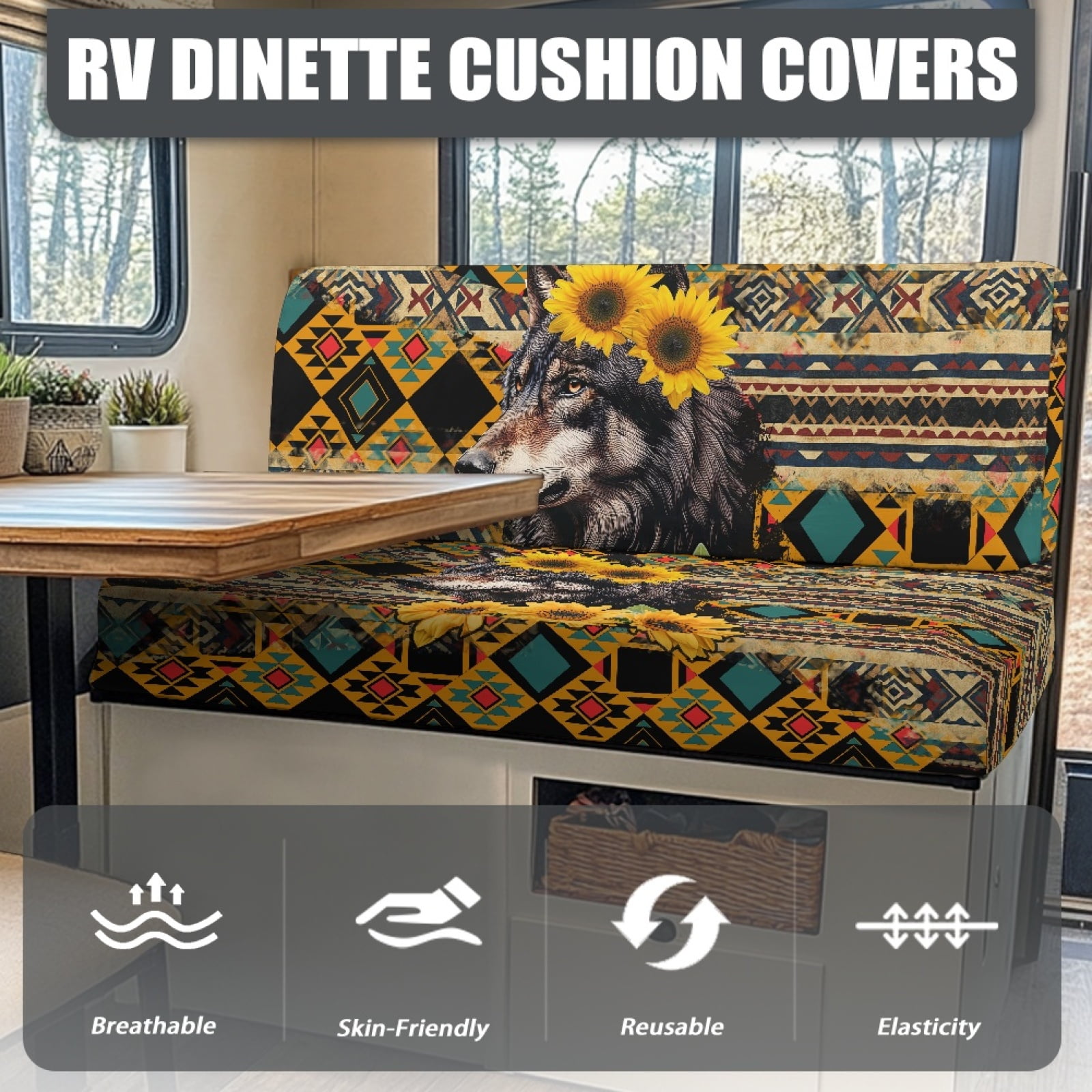 Kuiaobaty Anti-Slip RV Dinette Cushions Covers Couch Cushion Slipcovers RV Sofa Seat Slipcovers Sofa Slipcovers for RV Camper Car Bench, American Tribal Wolf Sunflower Pattern