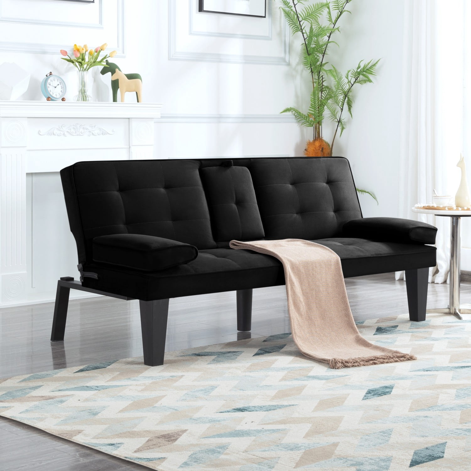 Gewnee Futon Sofa Bed Modern Sofa Couch Convertible Sofa Sleeper for Living Room with 2 Cup Holders, Removable Armrests (Black)