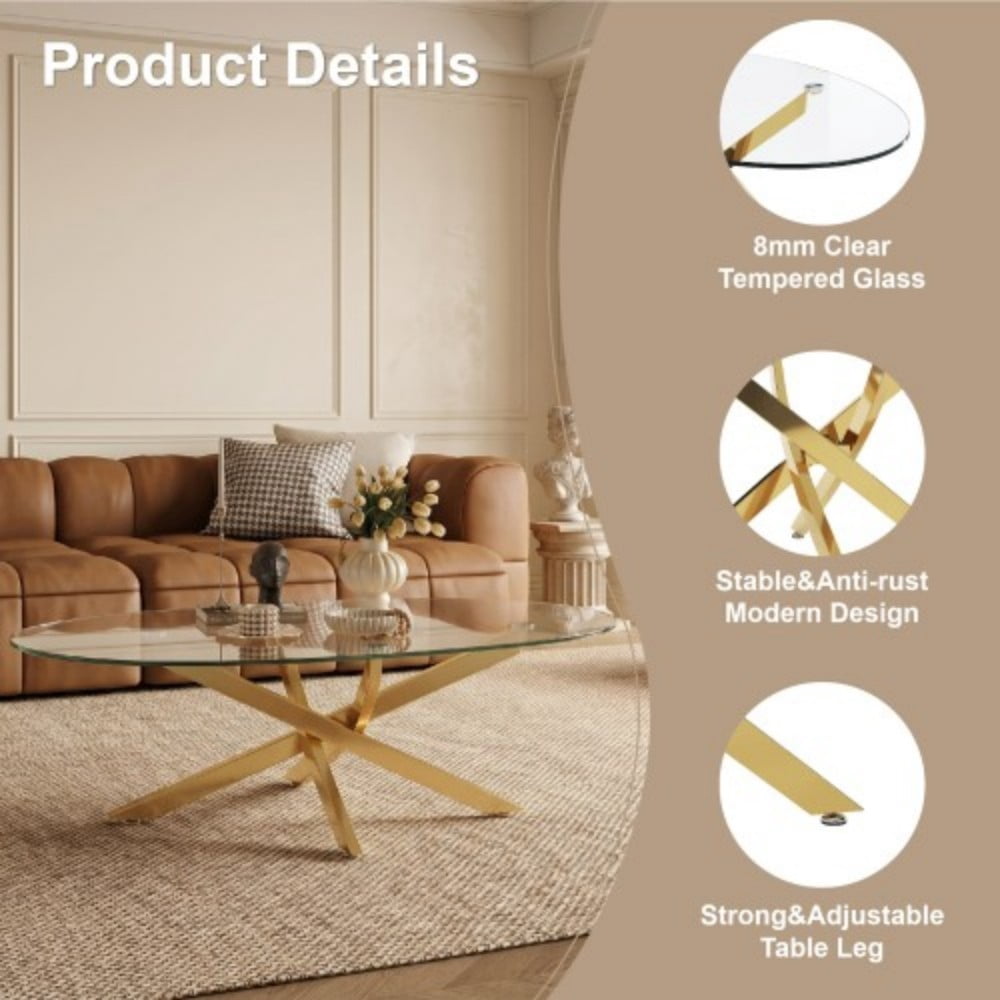 Oval Coffee Table, 39.37" Tempered Glass Top with Gold Cross Legs, Modern Side Table, Tea Table for Living Room, Apartment, Cafe