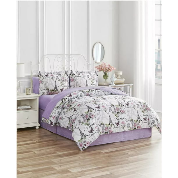 Purple Paris Eiffel Tower & Flowers Reversible Queen Comforter Set (8 Piece  Bed in A Bag)