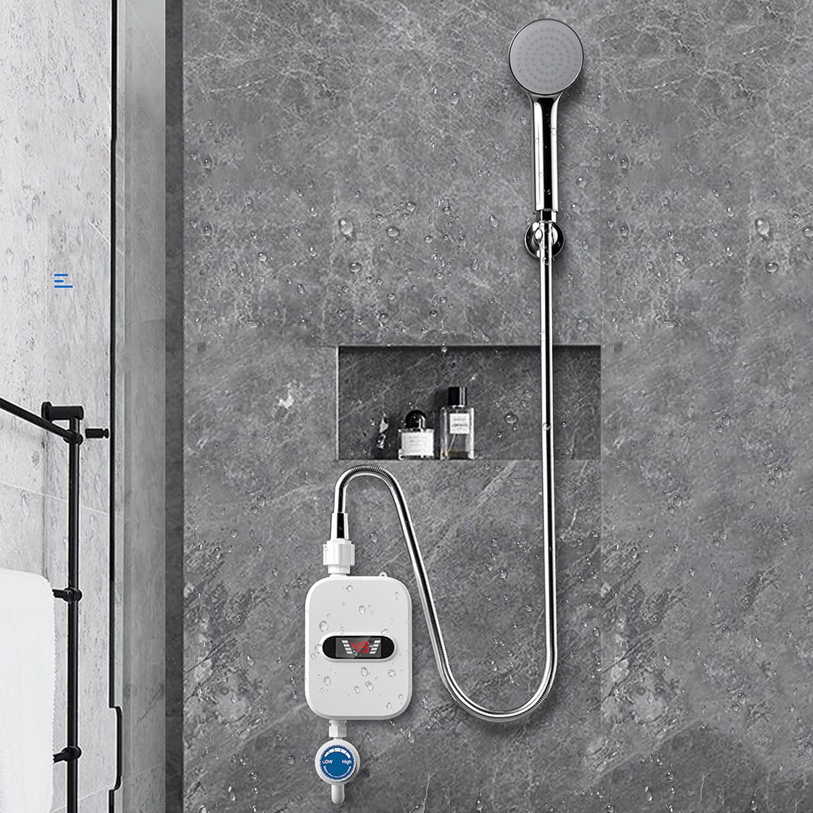 DICEEVIL Electric Tankless Water Heater with Shower Head Set, 3500W Electric Instant Hot Water Heater for Shower, LCD Display Rapid Heating Mini Water Heater for Home Bathroom, White