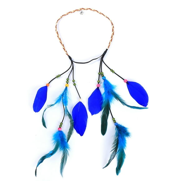 Women Boho Feather Headband Bead Pendant Fake Feather Headpiece Indian Headpiece