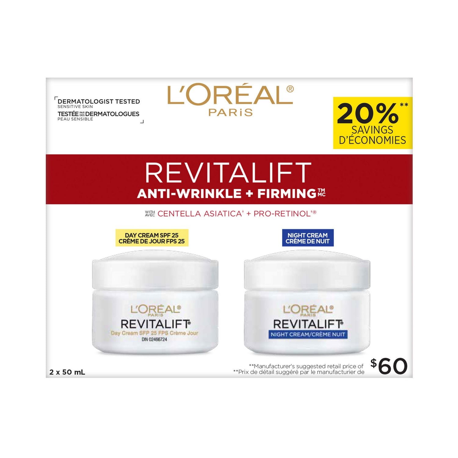 L'Oreal Paris Revitalift Anti-Wrinkle + Firming Anti-Aging Cream Day & Night Moisturizers , with Pro-Retinol & Centella Asiatica, 2x50 mL