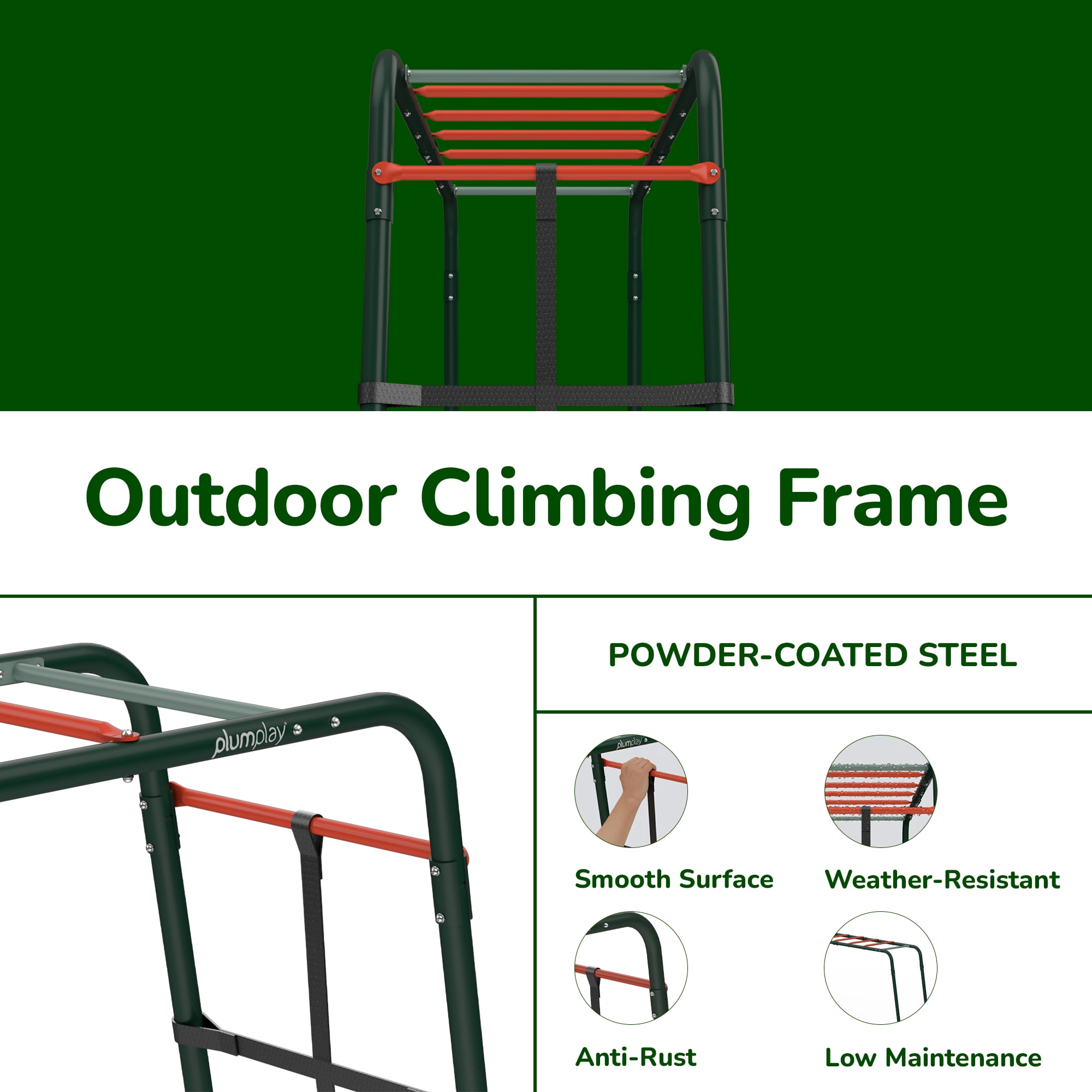 Plum Metal Monkey Bars Climbing Frame, Outdoor Playset, Jungle Gym, Rust Resistance, Easy Assembly, Sturdy, Weatherproof, Ages 3+