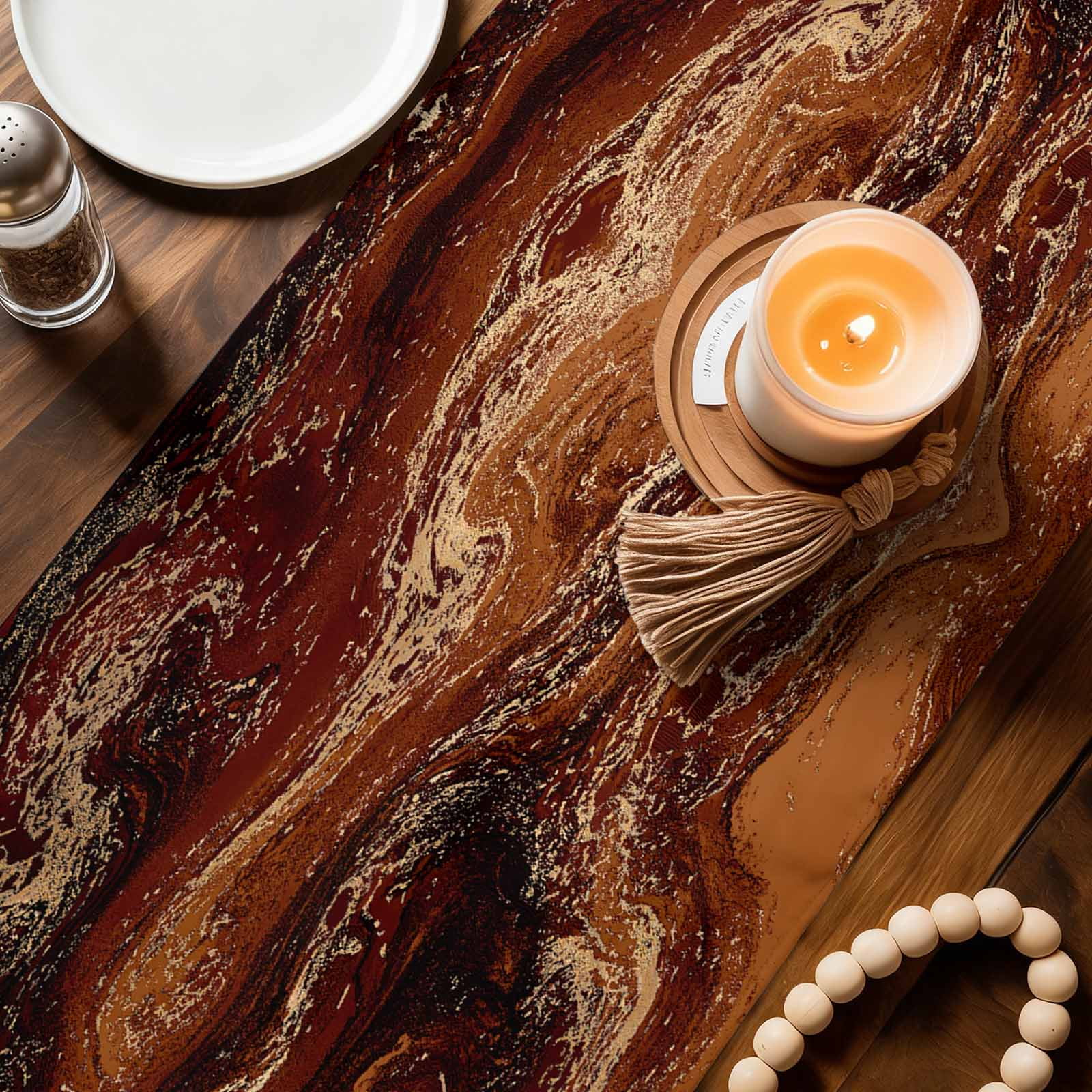 Brown Marble Table Runner, Ombre Abstract Striped Mottled Aesthetic Washable Cotton Linen Table Runners 90 Inches Long, Dresser Scarf Runner for Dining/Coffee/Kitchen/Hallway Tables 13''x90''