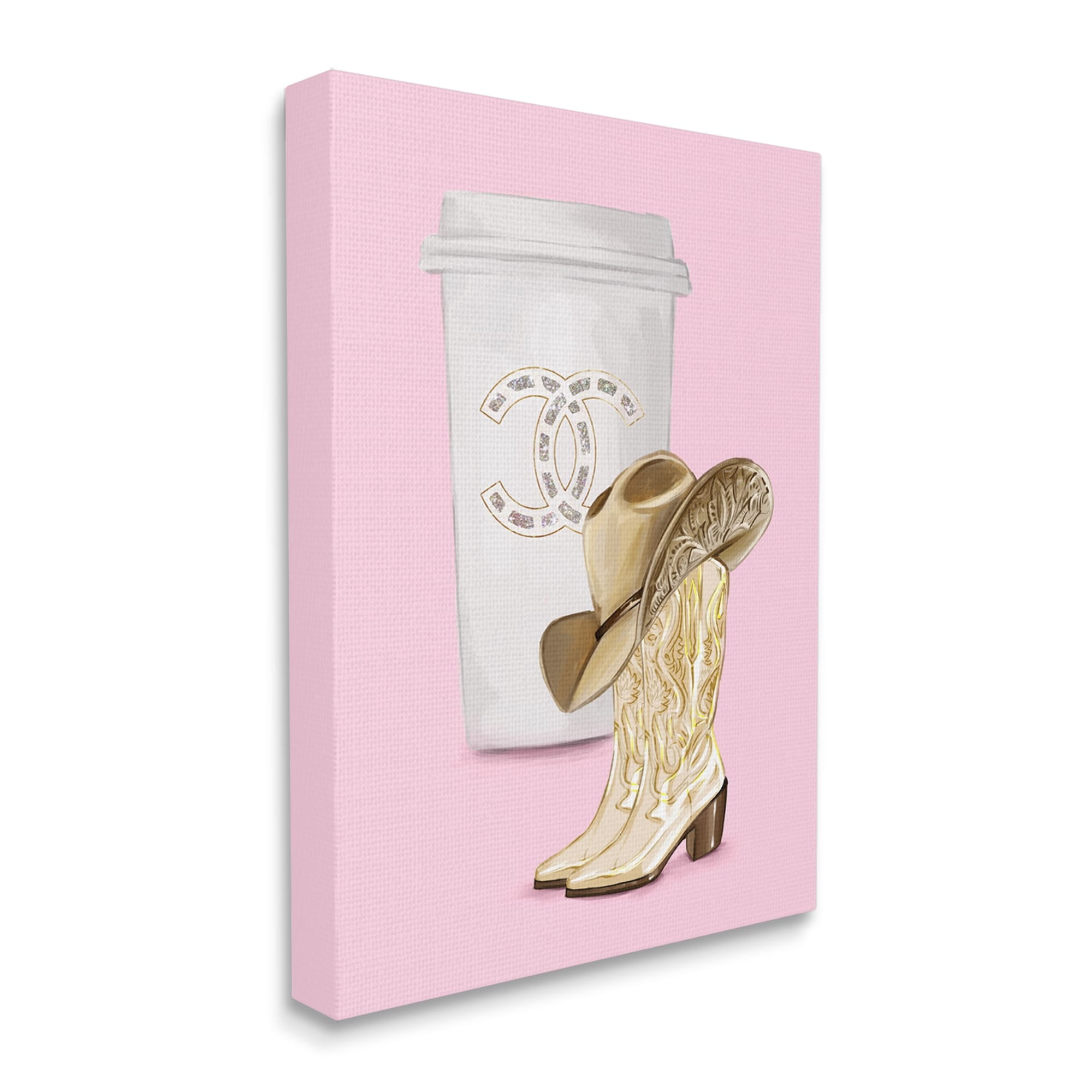 Stupell Industries Pink Glam Cowgirl Boots & Coffee Beauty & Fashion Painting Gallery Wrapped Canvas Print Wall Art