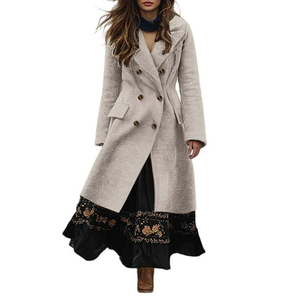 HJYCHN Women Bohemian Trench Coat Long Double Breasted Overcoat for Warm Fall and Winter Wear Stylish Statement Coat Beige XXL