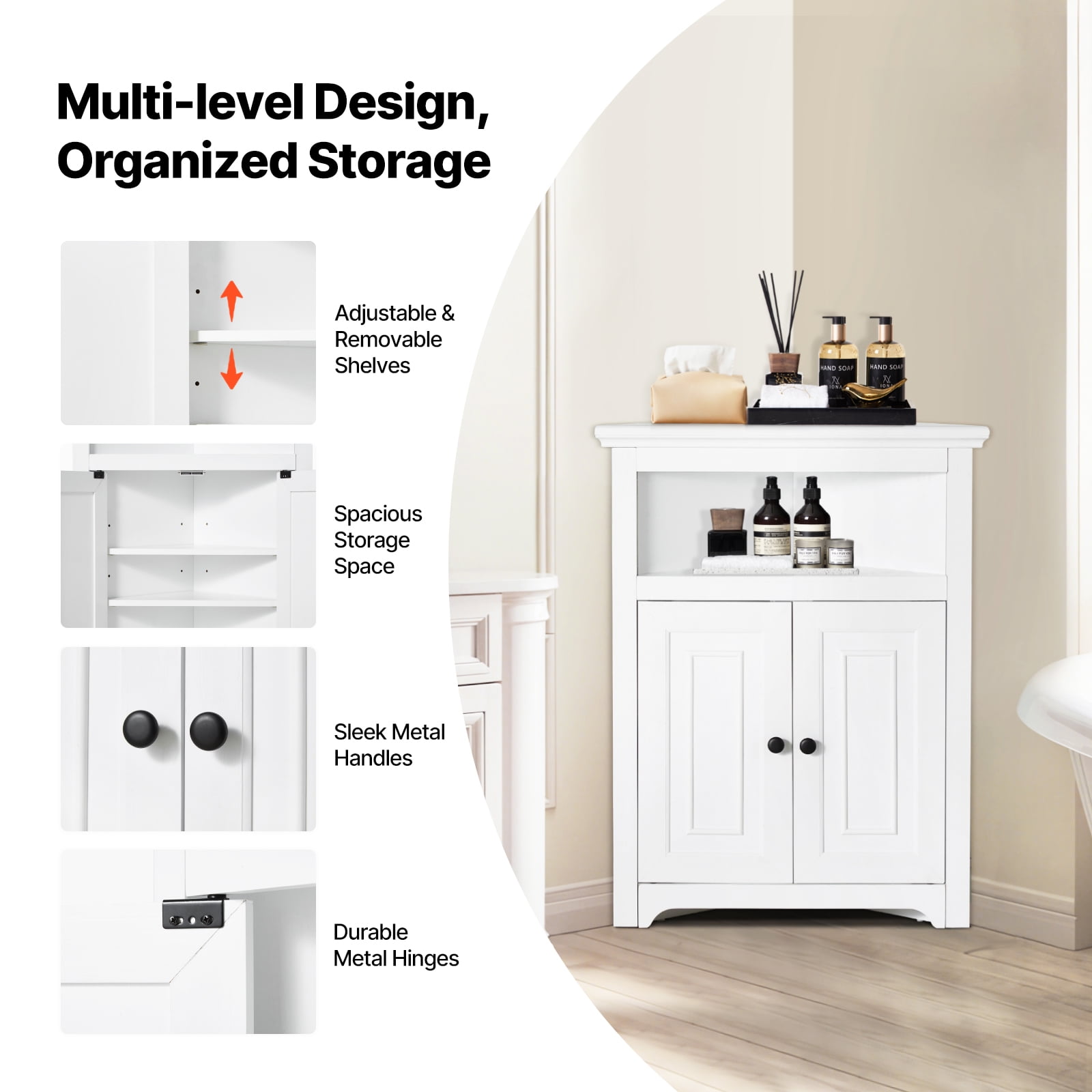 KFFKFF 32" Corner Utility Cabinet, Tri-Level Compact Storage Unit with Dual Wooden Doors & Flexible Shelving, Independent Corner Cabinet for Lounge, Kitchen, Laundry Area, Restroom, in White