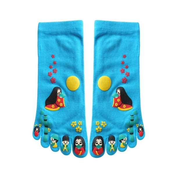 2 Calcetines Con Cinco Dedos Del Dedo Del Pie Con Estampado De Dibujos Animados Japoneses Para Mujer Azul One Size: Regular