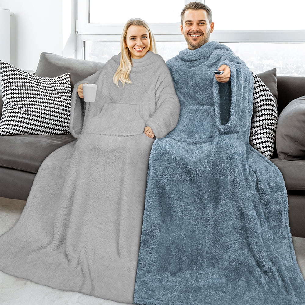 PAVILIA Fluffy Blanket with Sleeves Women Men Adults, Wearable Blanket Plush Soft Fuzzy, Hug Sleep Pod Snuggle Pocket Sleeved TV Throw, Sherpa Fleece Warm Cozy Shaggy Gifts Ideas Mom Wife, Light Gray