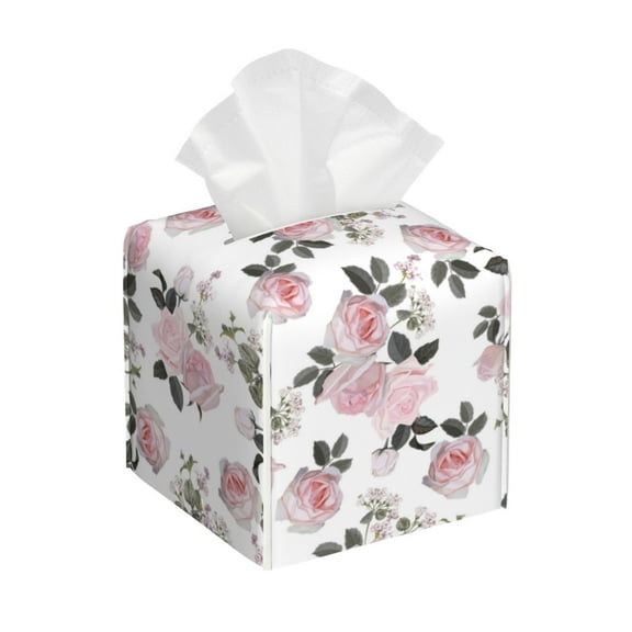 Rateoe Rose Flowers Pattern Tissue Box Cover, Modern Square Decorative Leather Facial Paper Case Organizer Holder Dispenser 5X5X5''