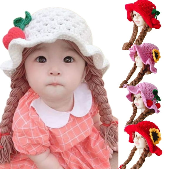 Ludlz Baby Girls Yarn Knitted Hat Braided Wig Hat Sunflower Cherry Cap