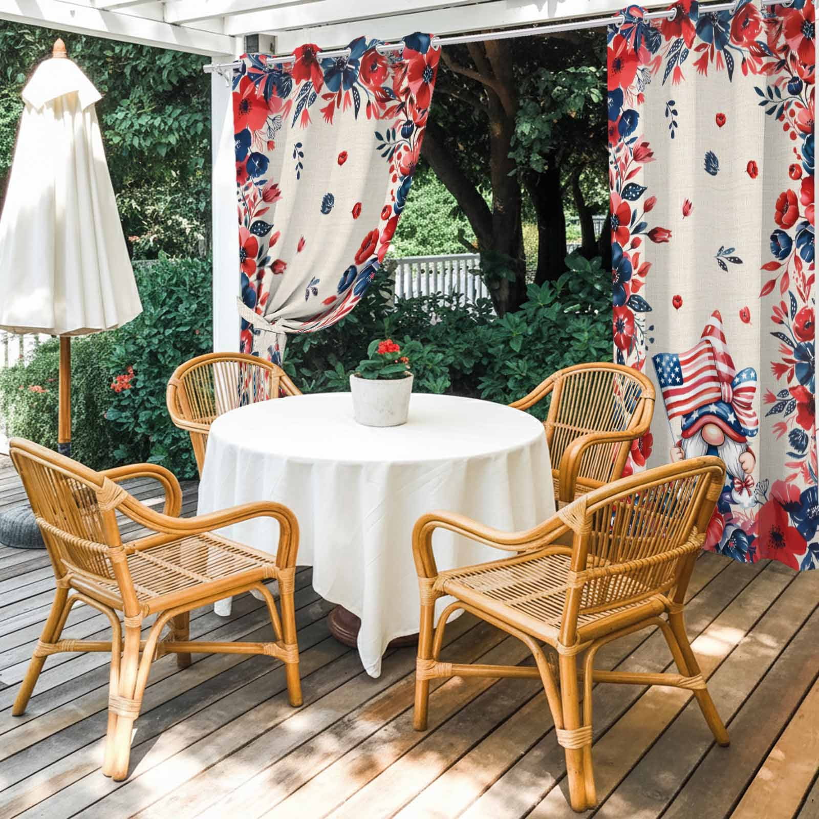 Independence Day Outdoor Curtains for Patio, Vintage Gnome Red Blue Navy Flower U.S. Flag Sunshade Privacy Drapes Grommet Waterproof Outside Curtains for Porch/Cabana/Balcony 54"x 108", 1 Panel