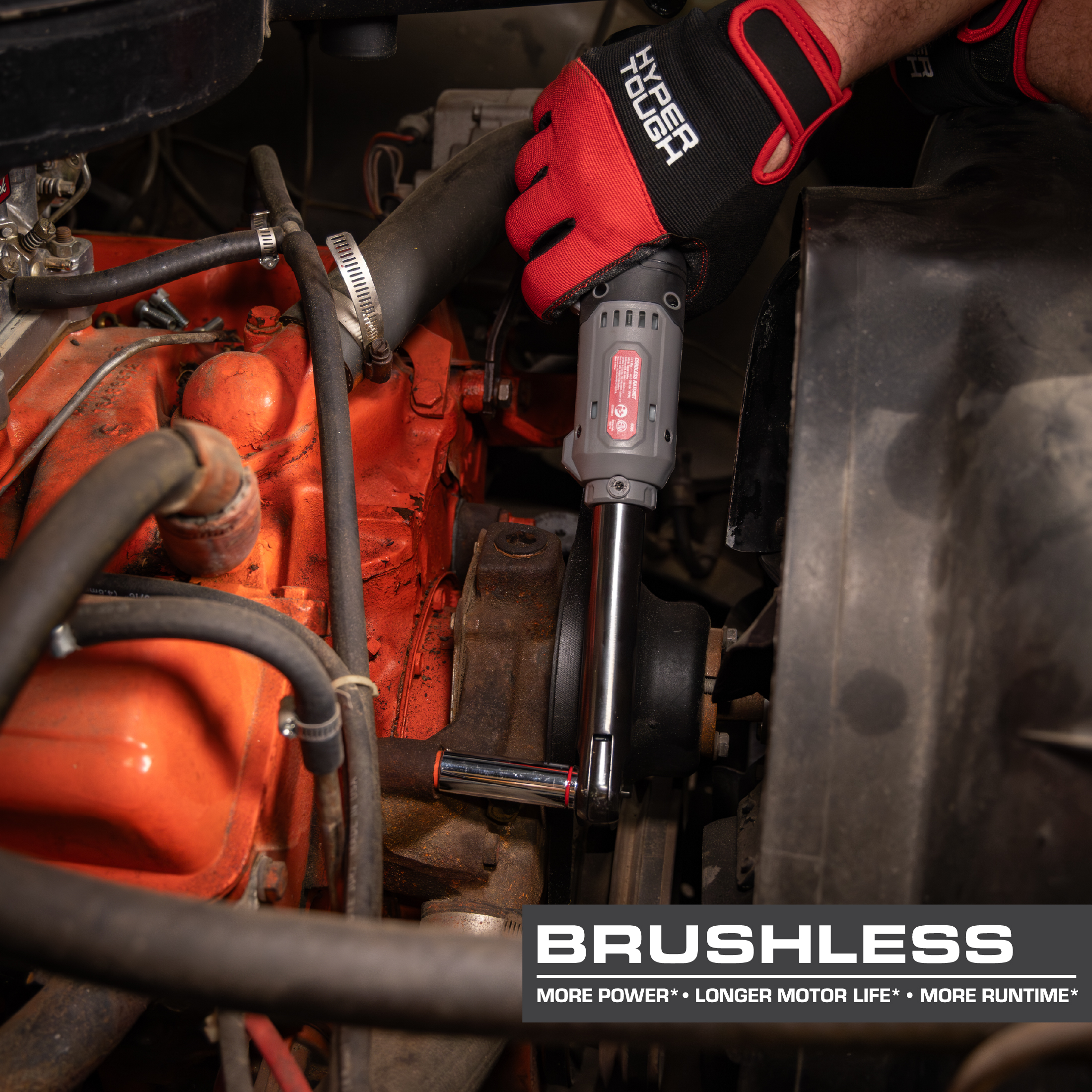 Llave de carraca inalámbrica Hyper Tough de 12V Max sin escobillas de 3/8 de pulgada de alcance extendido con batería de 1.5Ah 5