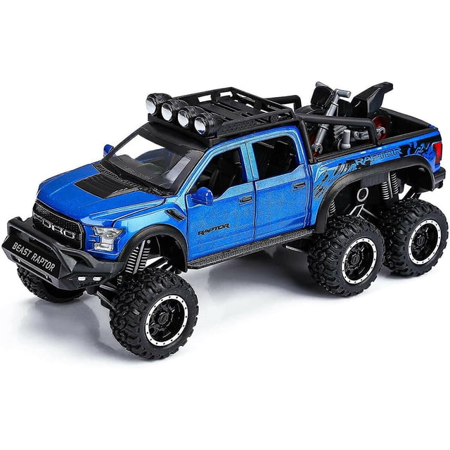 Camioneta Ford F-150 Raptor azul, modelo de coche fundido a presión, juguete