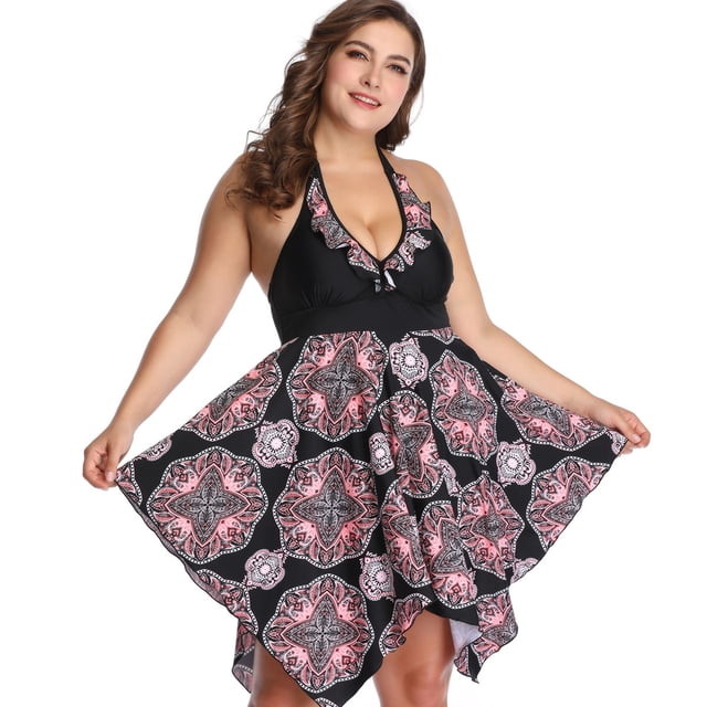 Women Swimsuit Plus Size Vintage Floral Pattern Halter Bathing Suit with Bikini Briefs
