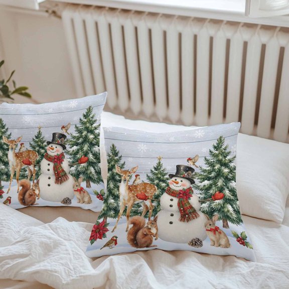 Waterproof Throw Pillow Covers 16x16 Set of 2, Christmas Trees Snowman Outdoor Pillowcases with Invisible Zipper, Winter on Blue Wood Decorative Cushion Covers for Patio Garden Sofa Couch Balcony