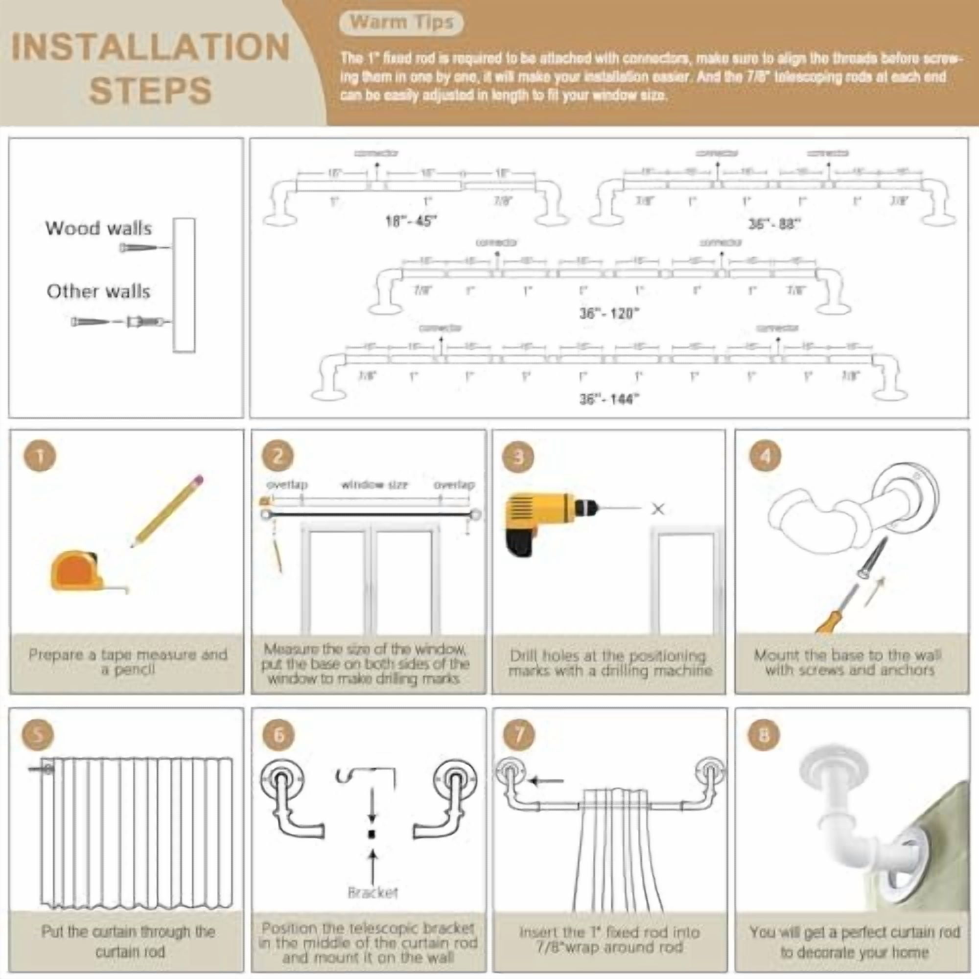 2 Pack White Industrial Curtain Rods for Windows 28 to 48 Inch(2.3 to 4 Feet), 1 Inch Diameter Blackout Wrap Around Adjustable Heavy Duty Window Drapery Rods, Indoor and Outdoor