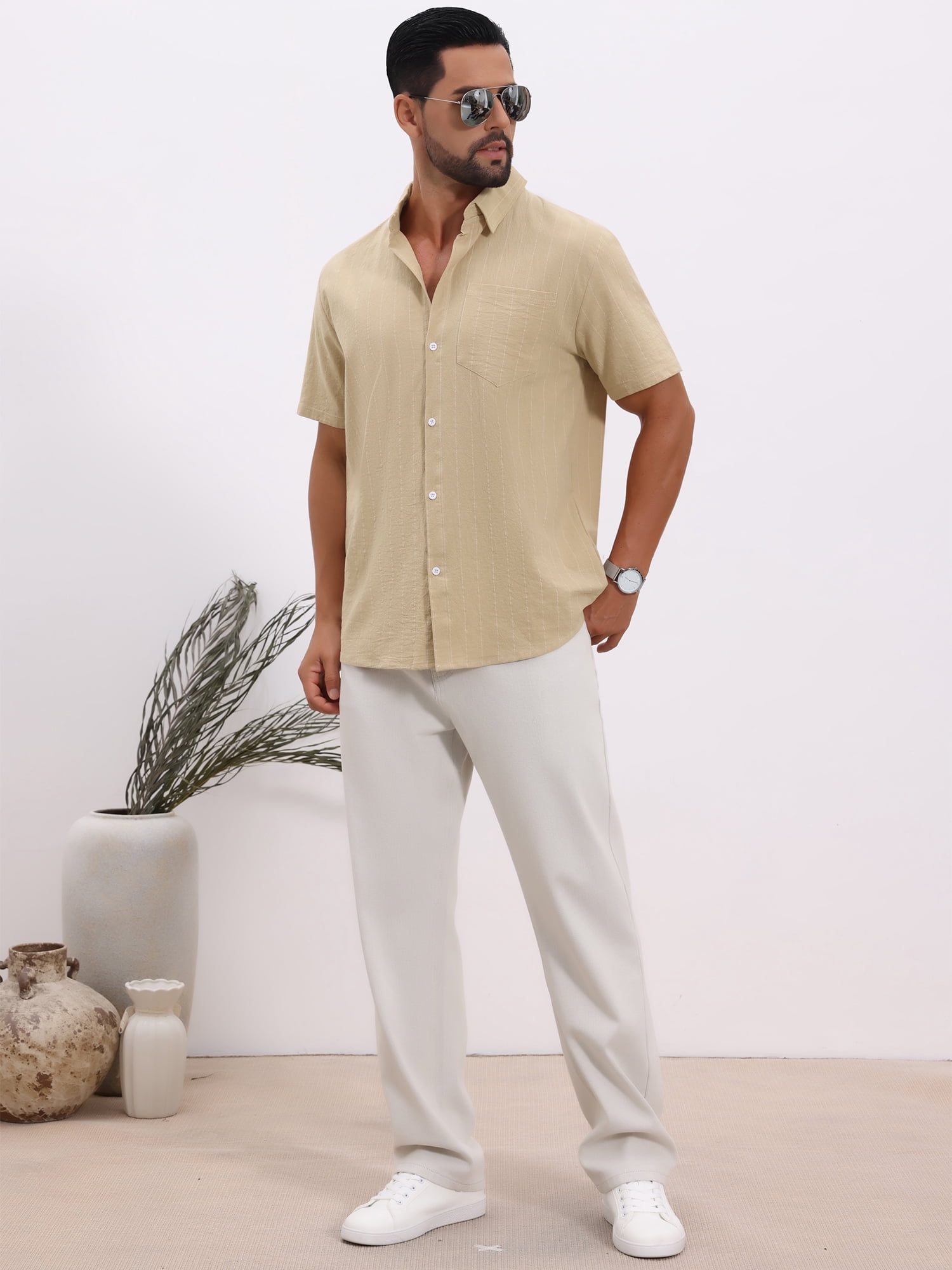 DARING DIVA Men's Point Collar Short Sleeve Button Down Stripes Shirts 3XL Khaki