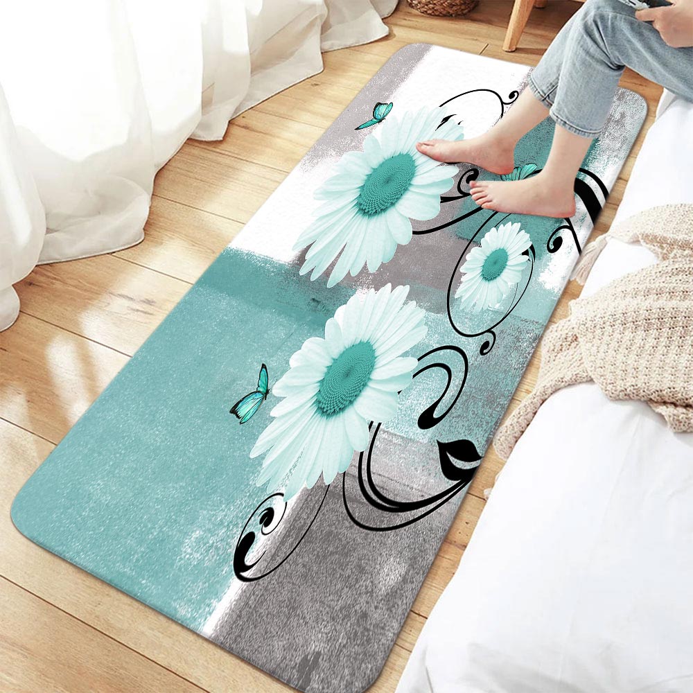 Rustic Farmhouse Bath Rug with Teal Daisies & Butterflies | Non-Slip Floral Floor Mat in Mint Green, 17x48 Inch
