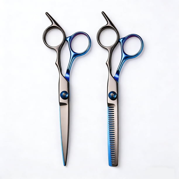 Kit de 2 Piezas de Tijeras para Cortar Cabello y Tijeras Desbastadoras Profesionales - Tijeras de Peluquería con Filo de Navaja para Texturizar, de Acero Inoxidable, 6 Pulgadas, Color Azul-Negro