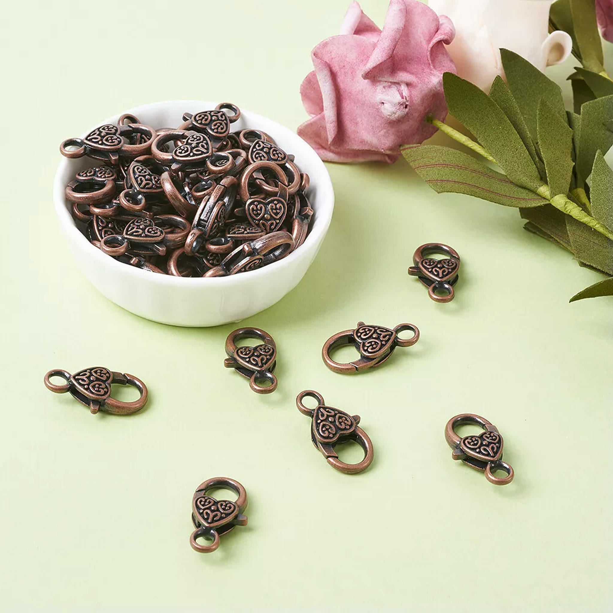 U8MO 50pcs Tibetan Alloy Heart Lobster Claw Clasps Red Copper Trigger Closure 25.5mm