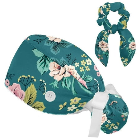 

Working Cap with Buttons and Sweatband Scrub Hat Bouffant Caps with Scrunchie Hibiscus Tie Back Hats