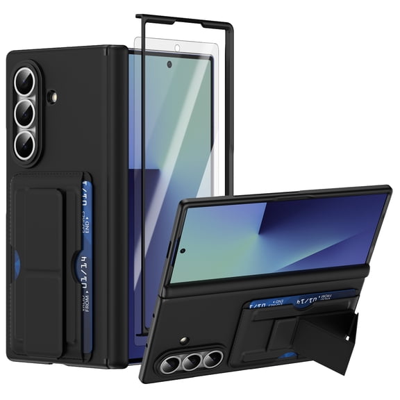 Dteck for Samsung Galaxy Z Fold 6 Case with Card Holder RFID Blocking, Hinge Protection, Foldable Stand, Screen Protector, Slim Shockproof Phone Cover for Galaxy Z Fold 6,Black