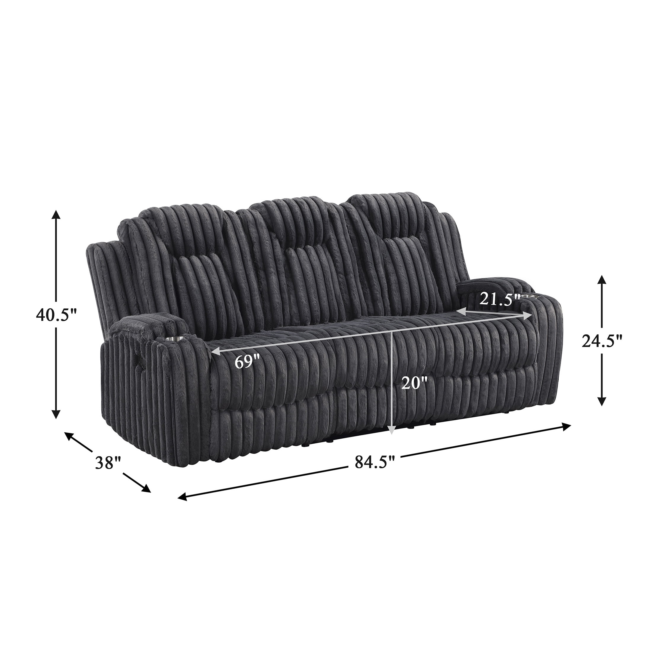 OakvillePark Lumora Corduroy Manual Double Reclining Sofa with Cup Holders, Dark Gray