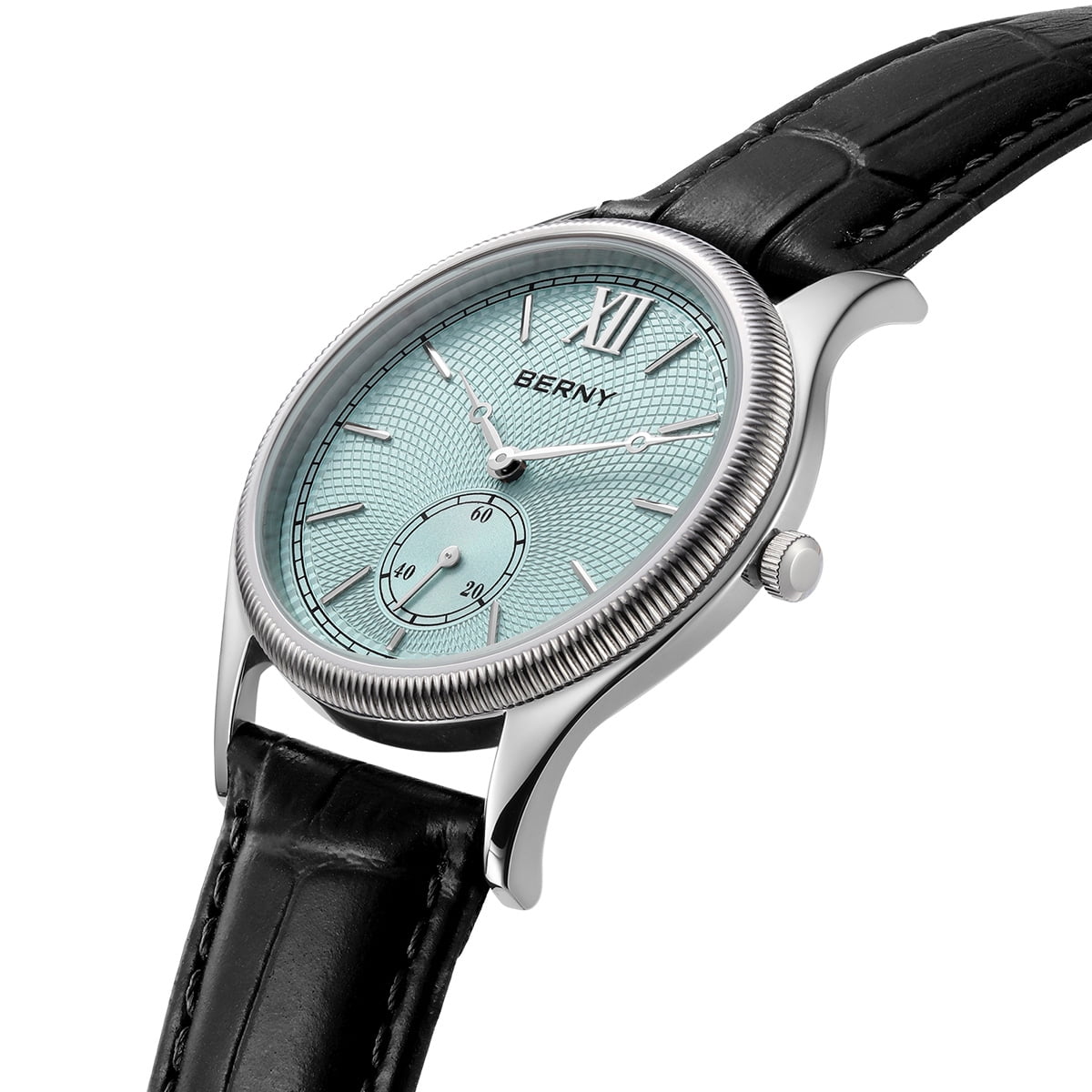 BERNY Silver Watch for Men, Ultra-Thin Minimalist Leather Watch, Stainless Steel Case, Waterproof Analog Quartz Watch, Business Dress Watches with Small Seconds (Light Blue)