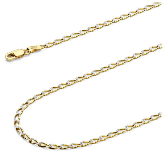 Wellingsale 14k Yellow Gold Polished Solid 2mm Open Figaro 1/1 White Pave Diamond Cut Chain Necklace - 18"