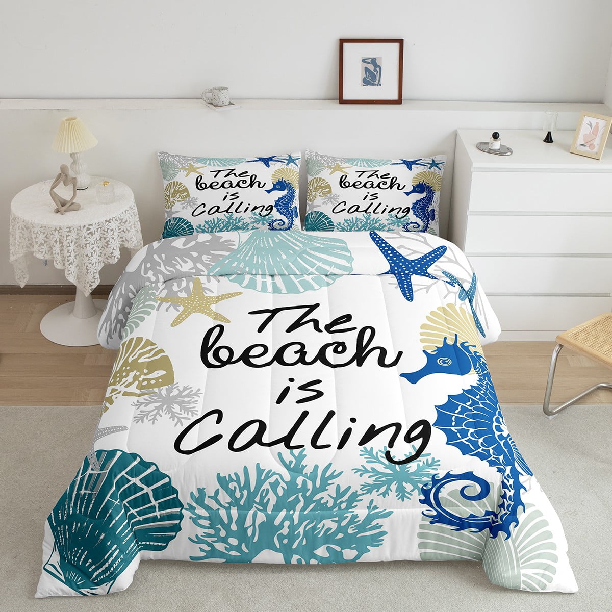 Summer Beach Comforter&nbsp;Set Blue Seahorse Queen Bedding&nbsp;Comforter&nbsp;Sets for Girls,Nautical Coastal Quilt Seashell Starfish Shell Coral Duvet Insert,Ocean Decor