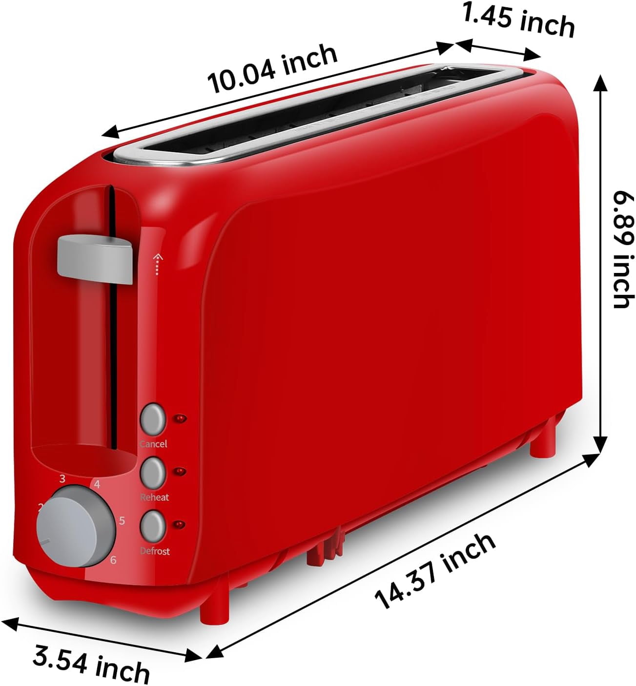 2-Slice Slim Toaster, 6 Shade Settings with Cancel, Reheat & Defrost, 10" Long Slot, Auto Shut off, Removable Crumb Tray, Red