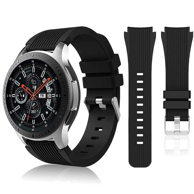 bandas de silicona hswai para samsung galaxy watch 46mm y gear s3 en negro sport para hombres y muje Correa HSWAI negra compatible con Samsung Galaxy Watch 46mm, vista 3/4 del reloj con correa texturizada de piel sintética en negro y hebilla metálica; piezas adicionales a la derecha muestran orificios de ajuste y trabillas. Diseño deportivo y ergonómico, ajuste fácil y reemplazo rápido; adecuada también como correa de repuesto para actividades deportivas.