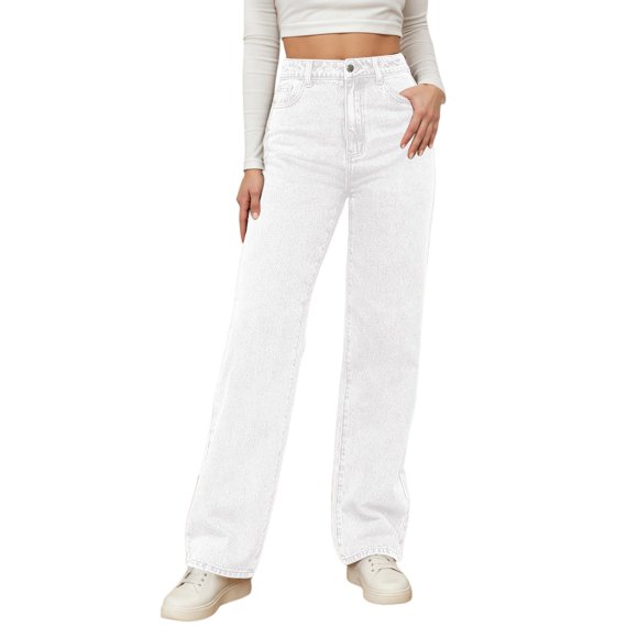 Zhanying Straight Leg Jeans for Women Tummy Control Trendy High Waisted Stretchy Casual Pants Baggy Trousers 90s Denim Jeans White L