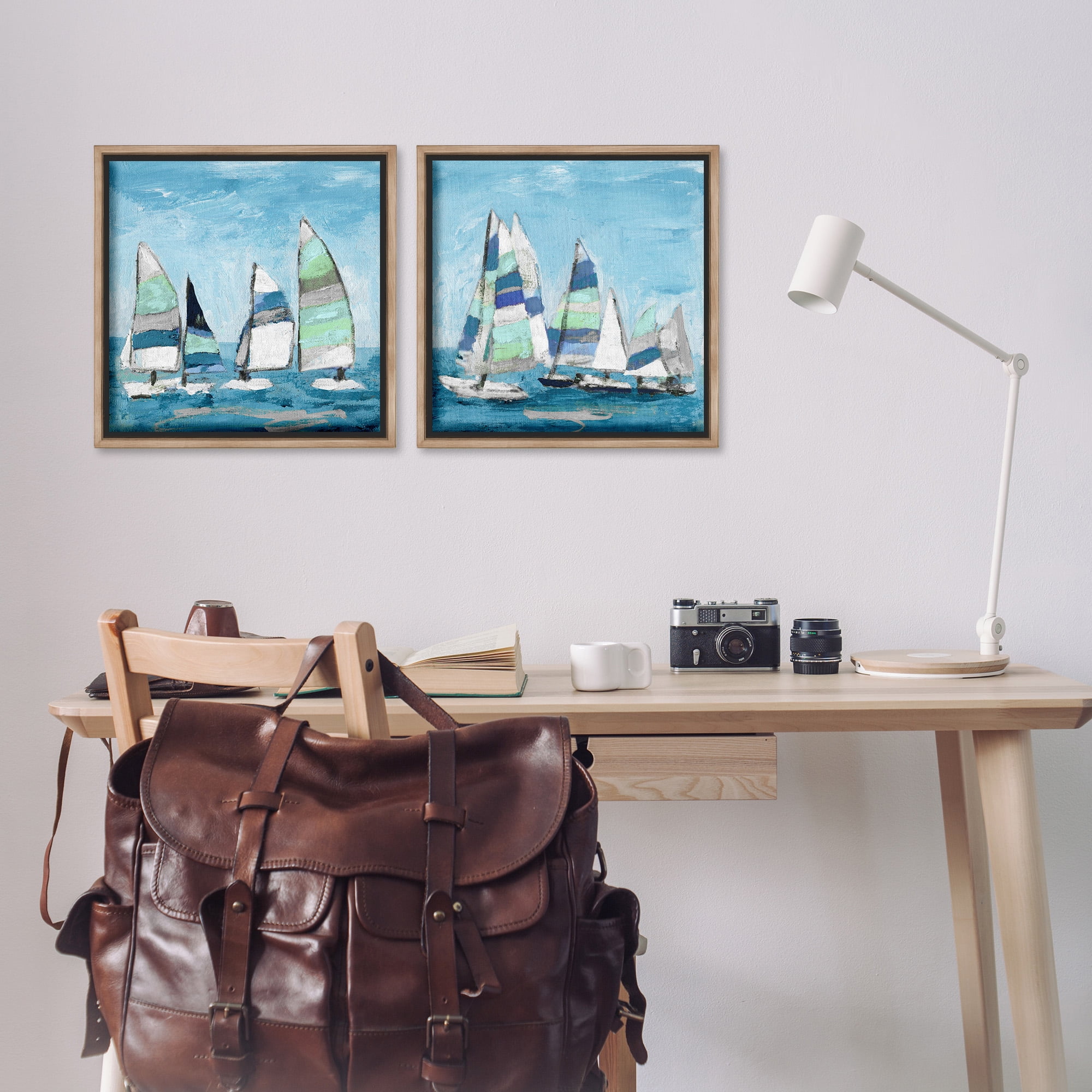 Stupell Industries Soothing Sailboats Drifting Marina Nature Painting Brown Floater Framed Canvas Art Print Wall Art, 18 x 18, Set of 2