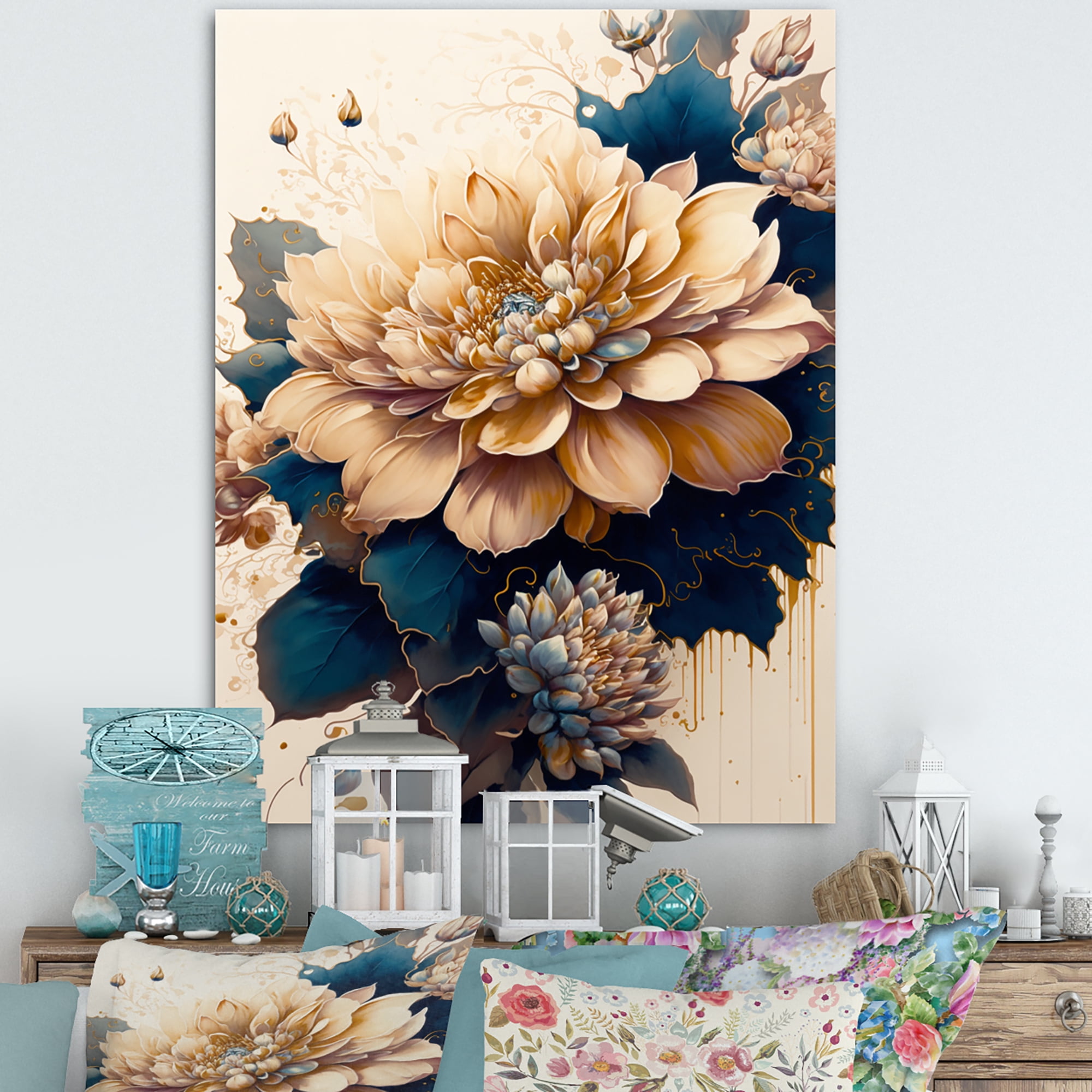Designart Light Orange And Dark Blue Dhalia II Canvas Wall Art