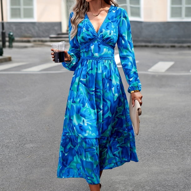 Vestido Vestido elegante estampado Estilo casual Vestido largo plisado de mujer Traje diario de gasa Cgtredaw Azul T M para Mujer