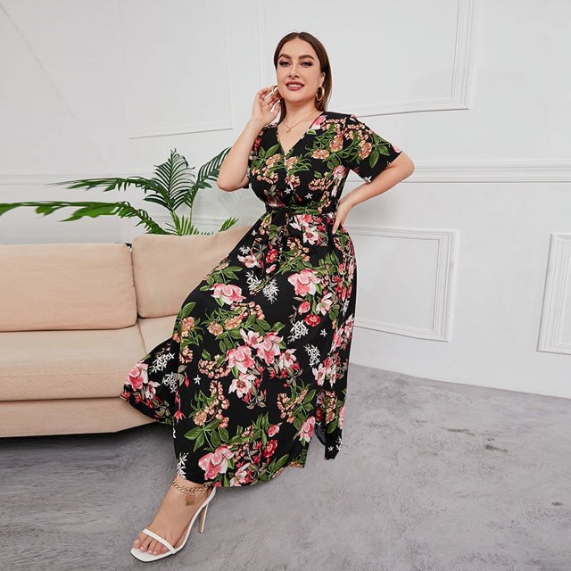 Generic Hot-Selling New Arrival High Waist Western Style V-neck Midi Skirt plus Size Temperament Printed Black Sexy Trendy Dress