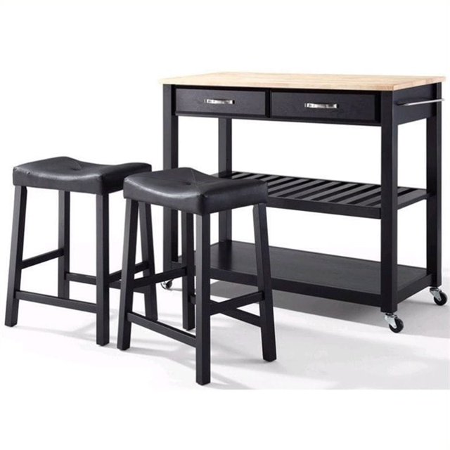 Crosley Natural Wood Top Kitchen Cart with Saddle Stools in Black