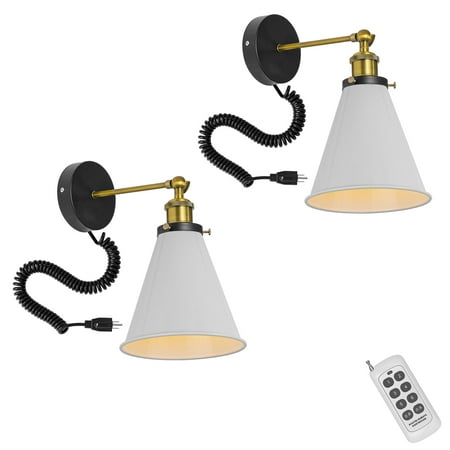 

KAYYELAMP Spiral Retractable Plug in Cord Remote Control Wall Sconce White Cone Shade Vintage Minimalist 2-Lights for Bedside Doorway Bathroom(No bulb)