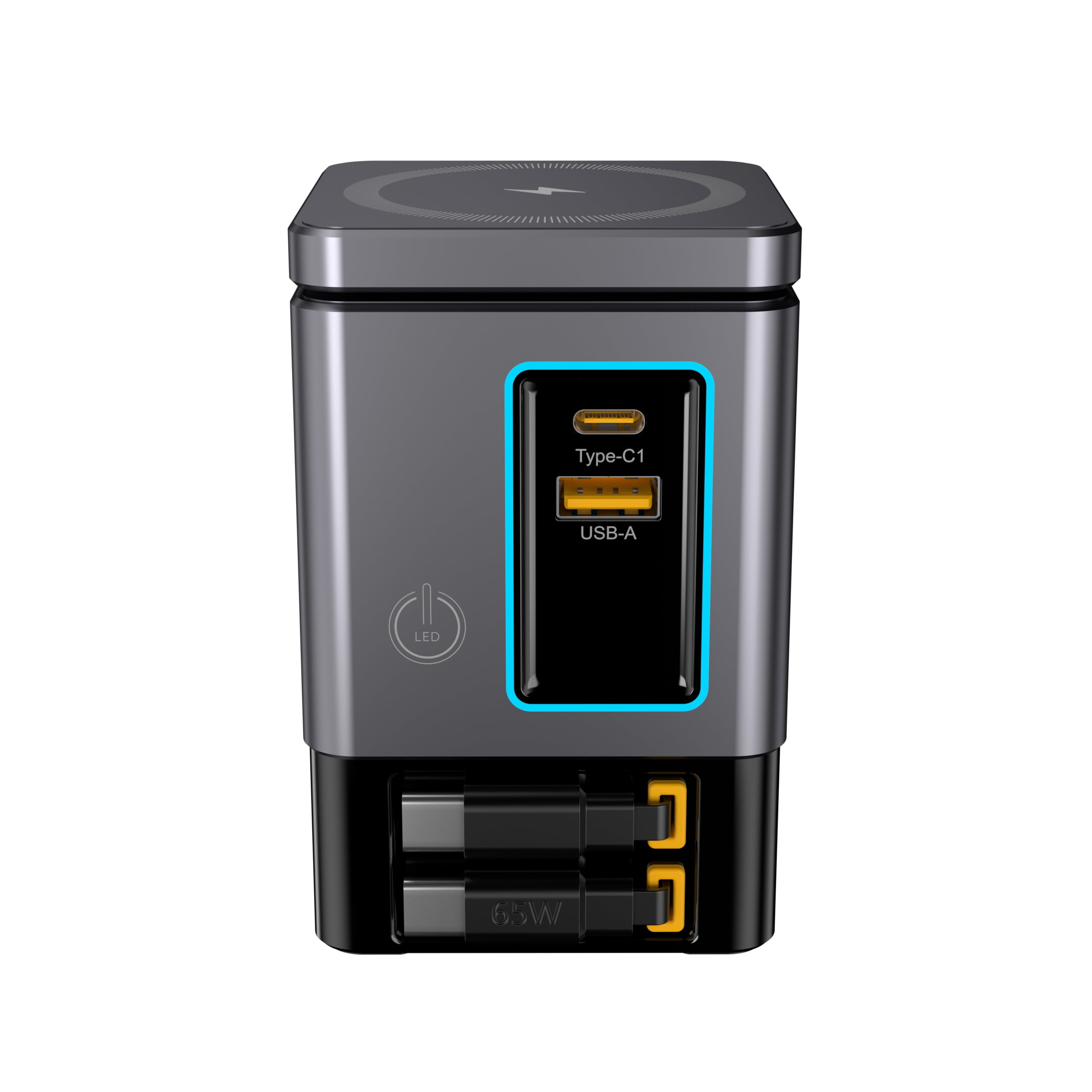 105W Black 6-in-1 GaNFast™ Charging Station Total Output, 15W MagSafe Wireless Charger, PD65W Retractable Type-C Cable, PD20W Retractable Lightning Cable, PD18W USB-A Port, AirPods Wireless Charger