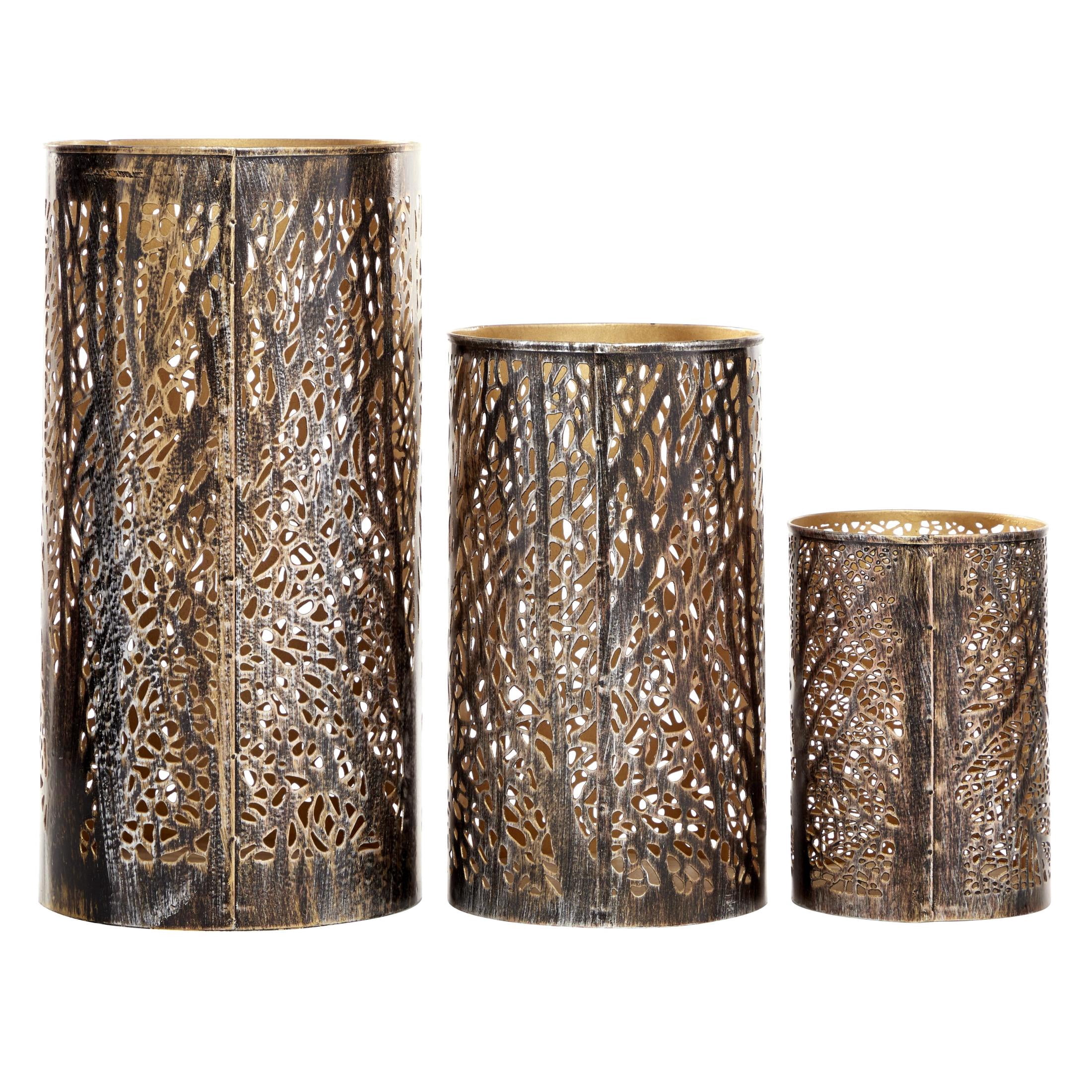 DecMode 3 Holder Bronze Metal Tree Branch Cutout Candle Lantern with Gold Interior, Set of 3