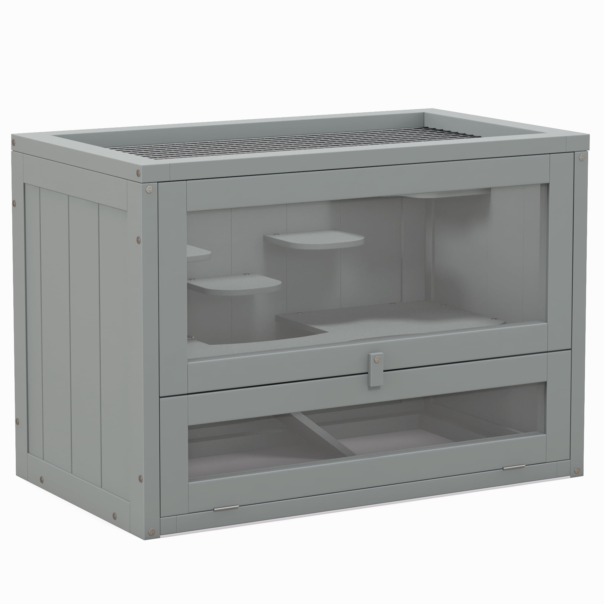 2-Level Hamster Cage Mice and Rat House, Small Animal Habitat for Guinea Pigs, Chinchillas with Openable Top, Front Door, Shelf and Ladder, Gray