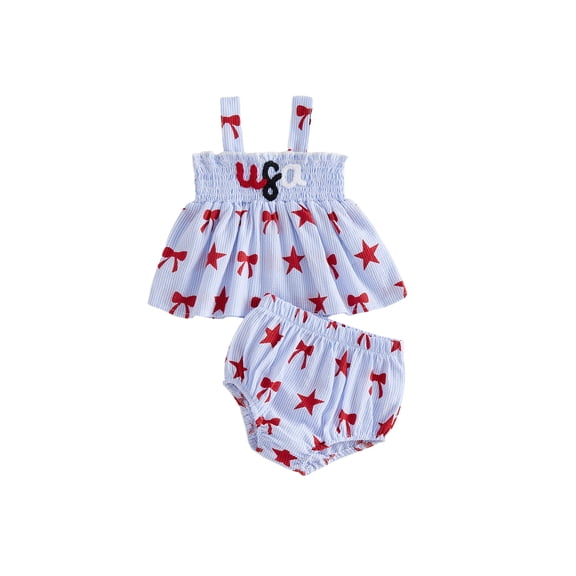 BemeyourBBs Newborn Baby Girl 4th of July Outfit Patriotic Independent Day Summer Clothes Blue Striped USA Star Printed Sleeveless Smocked Shirt Tank Vest Tops and Bloomers Shorts 2 Piece Set